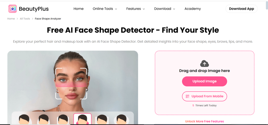 rilevatore di forma del viso online con BeautyPlus