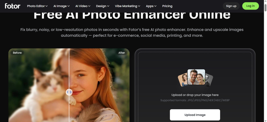 Fotor online editor applying 1-tap facial enhancement on a student headshot.