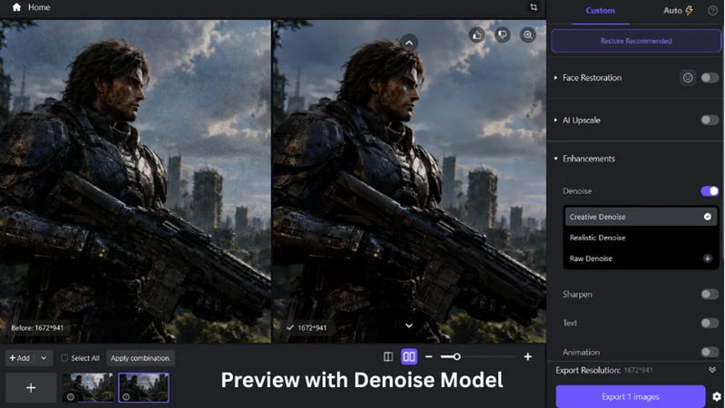 hitpaw fotorpea denoise model reducing noise in a gaming screenshot