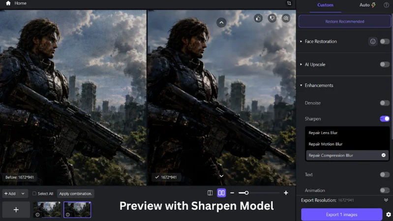 hitpaw fotorpea sharpen model improving details in a gaming screenshot