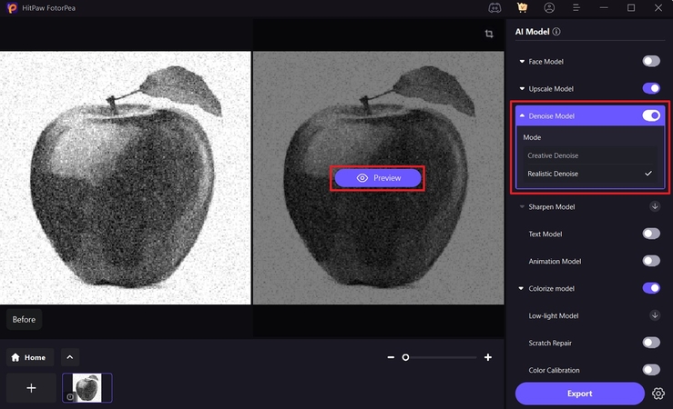 apply denoising ai model hit preview