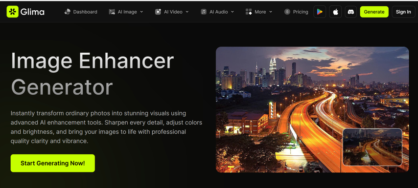 Glima AI Image Enhancer for improving photo detail, color, and brightness