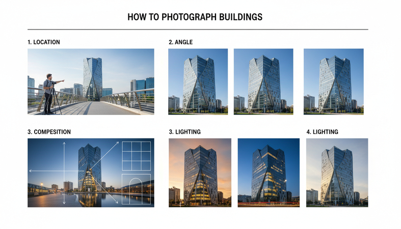 How to photograph buildings with location, angle, composition, and lighting techniques