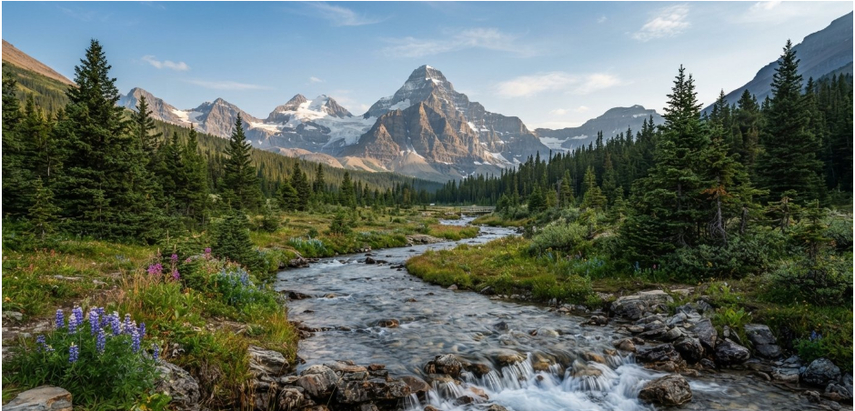 Stream acting as a leading line guiding the eye through a mountain landscape photo composition