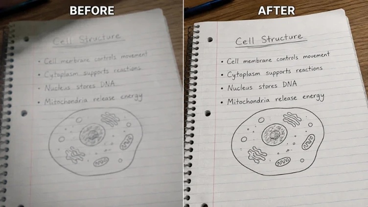 before and after example showing clearer handwritten study notes