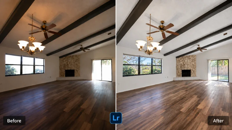 property interior before and after color correction in adobe lightroom