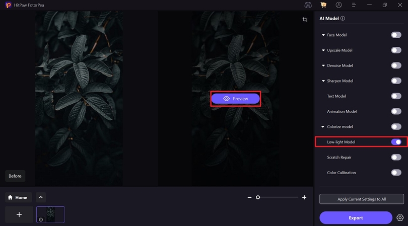 enable low-light-ai model hit preview