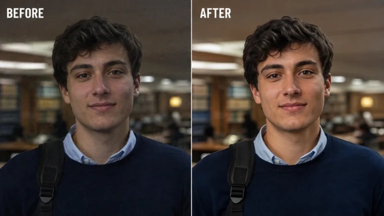 grainy student portrait before and after face-focused enhancement