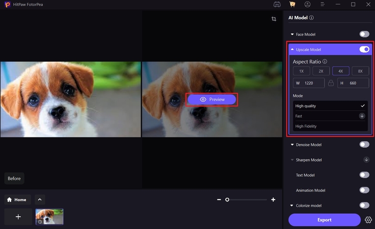 apply upscale ai model hit preview