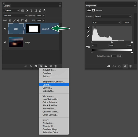 Photoshopのレベル補正を開く