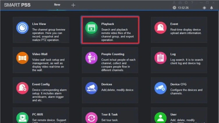 smartpss playback menu for cctv footage