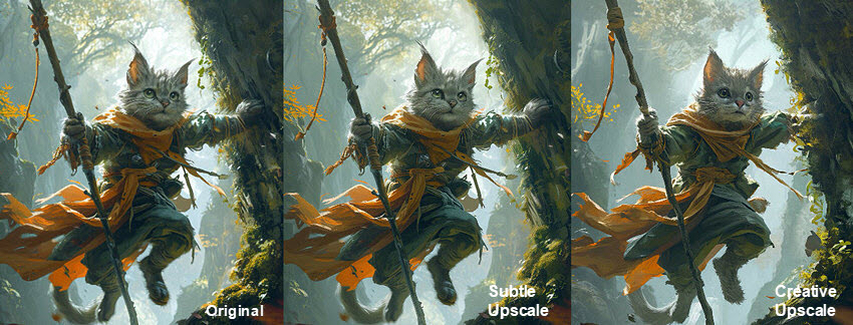 a cat climbing tree midjourney orignal vs sublte and creative upscale comparison
