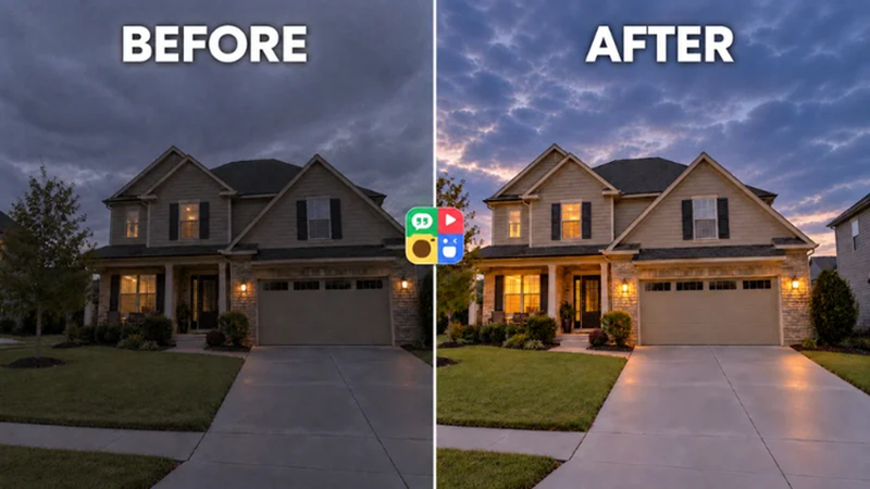 dark property photo before and after photogrid ai enhancement