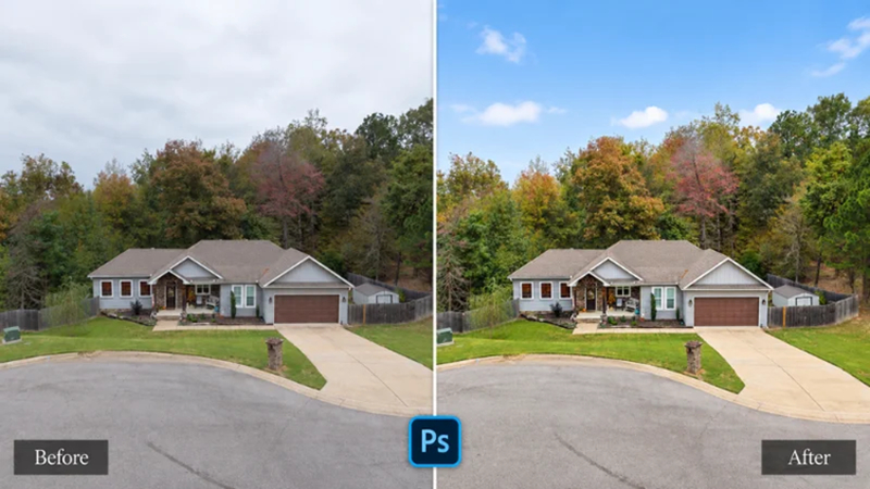 real estate exterior before and after editing in adobe photoshop