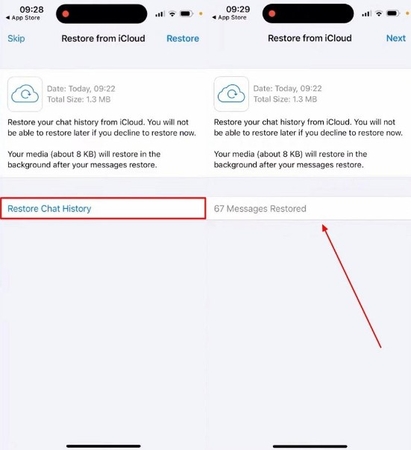 iPhone에서 아이클라우드로부터 WhatsApp 채팅 기록 복원