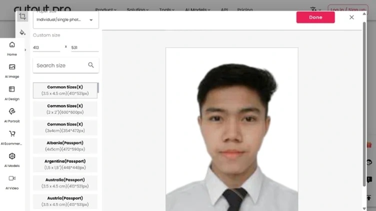 select the required school id photo size in cutout.pro