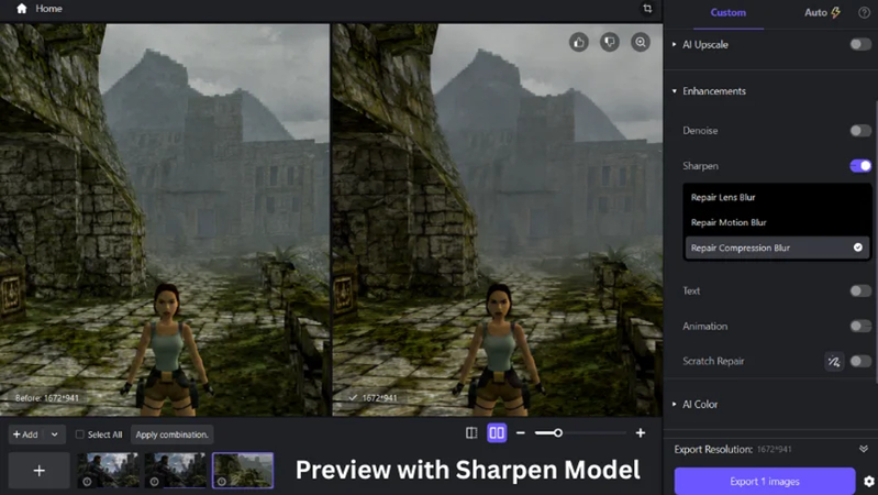 흐릿한 게임 스크린샷의 디테일을 개선하는 sharpen ai model