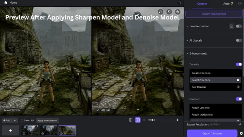 sharpen 및 denoise ai model로 향상된 게임 스크린샷