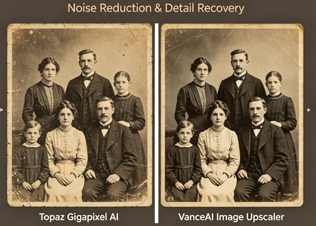 Old photo restoration comparison between Topaz Gigapixel AI and VanceAI Image Upscaler