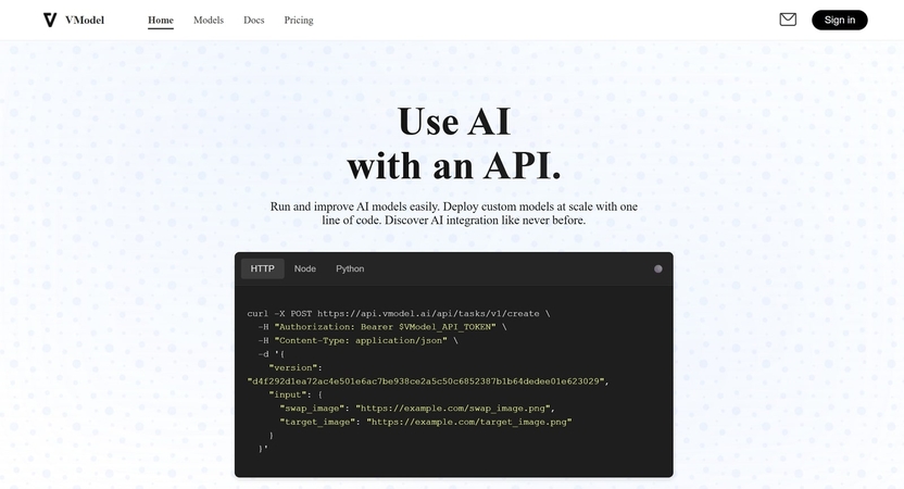 website interface of vmodel ai