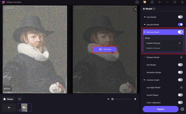 apply ai denoise model and preview