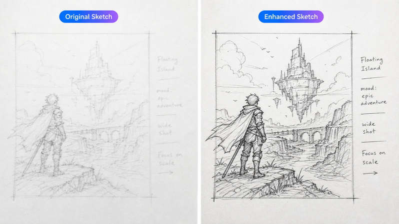 Before and after sketch enhancement showing clearer lines and details