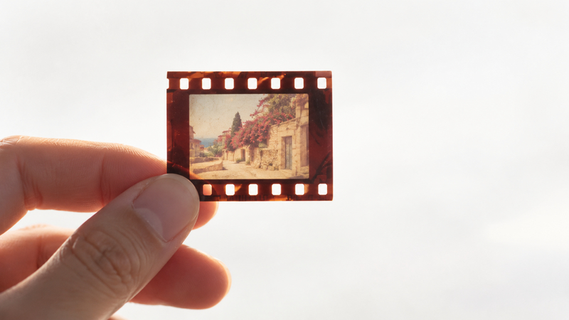 faded photographic film negative held between fingers