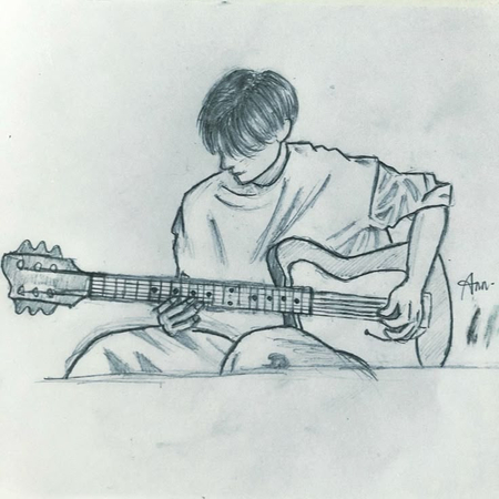 boy playing guitar, cool music-themed boy drawing