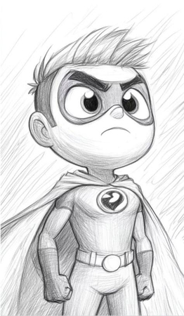 boy superhero wearing a costume, comic-style boy drawing