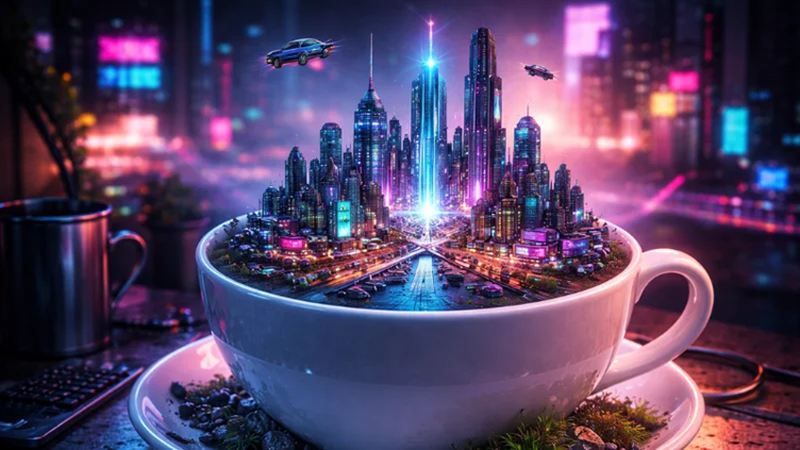 mini world cup futuristic cyberpunk city inside cup