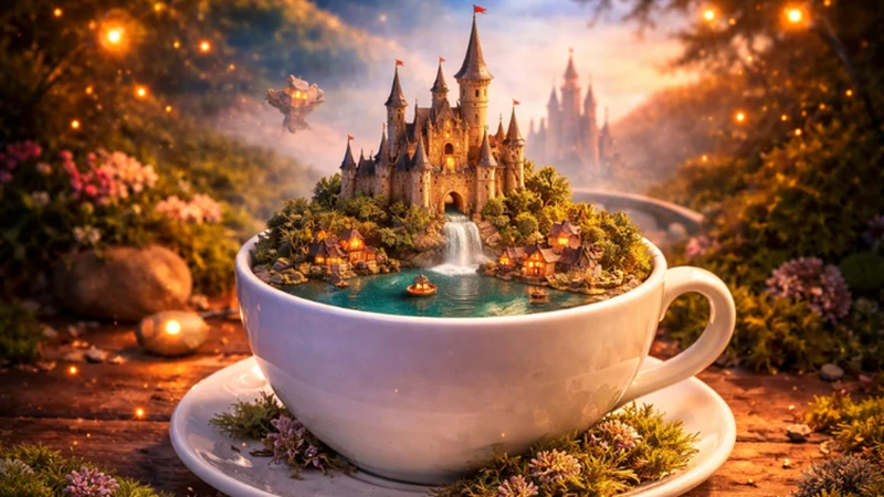 fantasy cup scene with castles and magical lights
