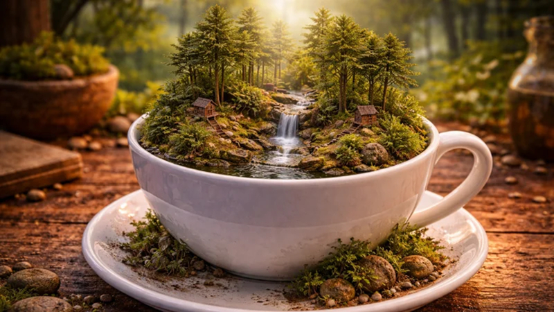 tiny world ai forest scene inside cup with river