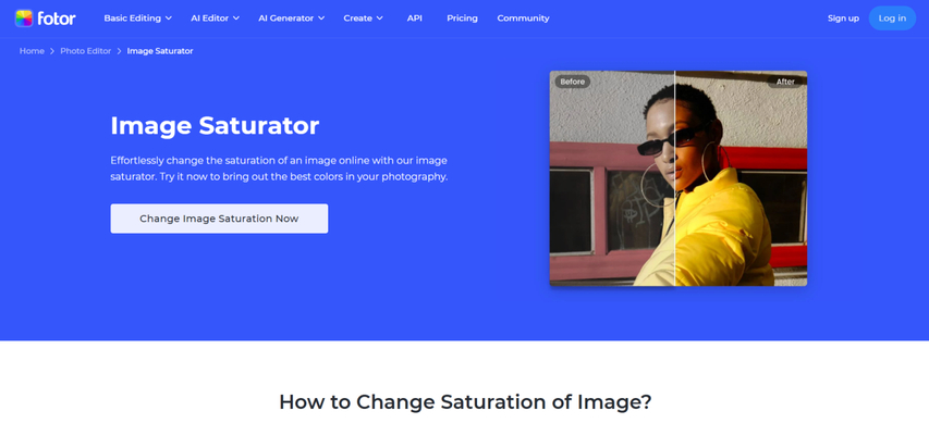 homepage screenshot of fotor image saturator
