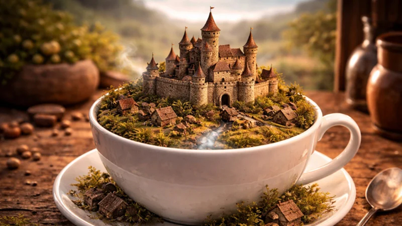 miniature world in a cup with medieval castle