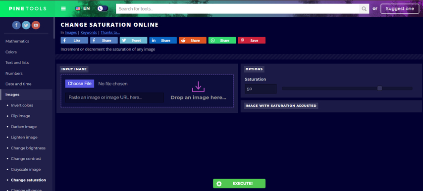 homepage screenshot of pinetools image saturator
