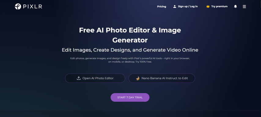 homepage screenshot of pixlr image editor