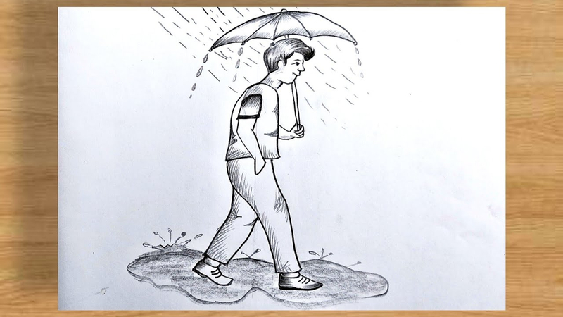 boy standing in rain with umbrella, rainy day boy sketch