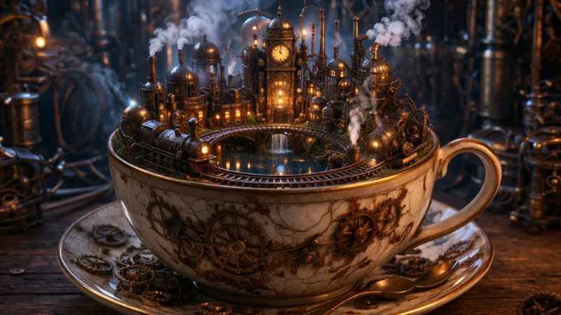cup art ai steampunk world