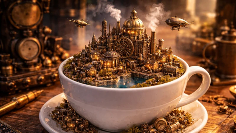 cup art ai steampunk world with gears and pipes