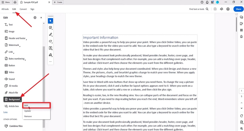 adobe program edit background pdf file