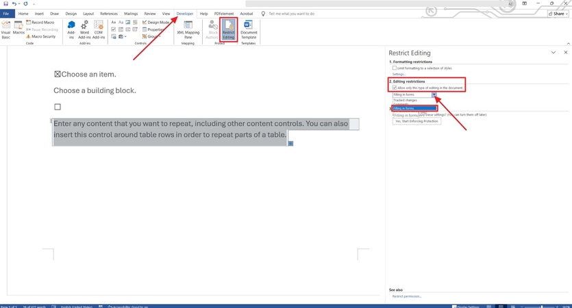 create form word editing restrictions settings