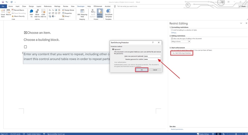 create form word document password