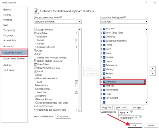 developer tab make word document fillable