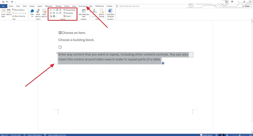 make form fillable in word control fetaures