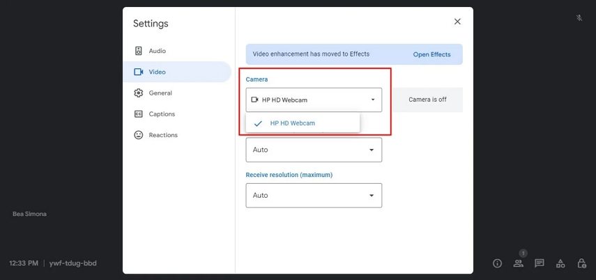 google meet camera settings HD