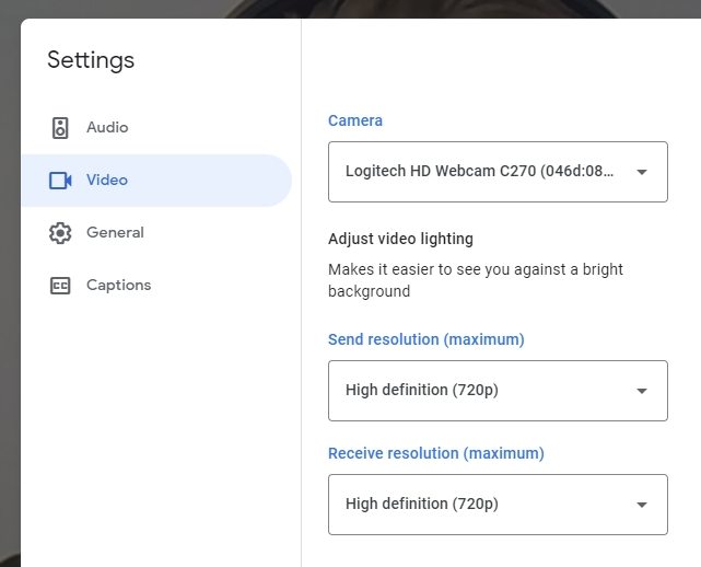 google meet video resolution settings for HD quality