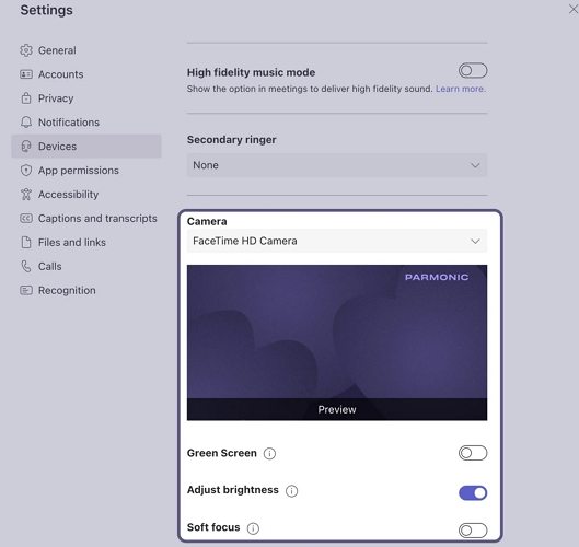 MS Teams HD Camera settings
