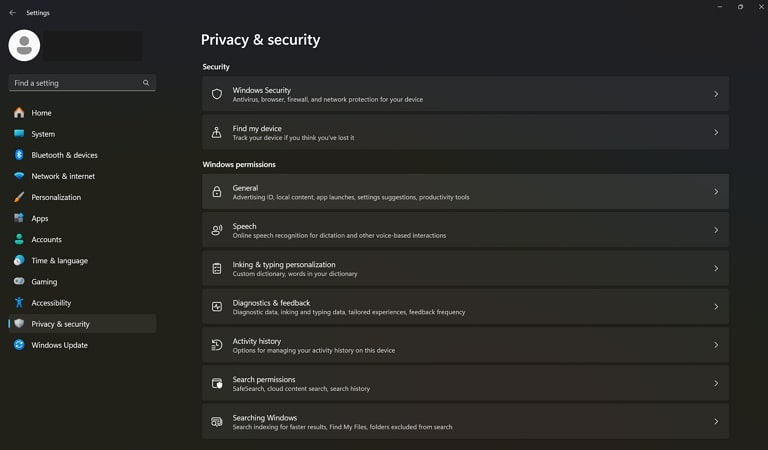 개인정보 보호 및 보안 설정 접근하기