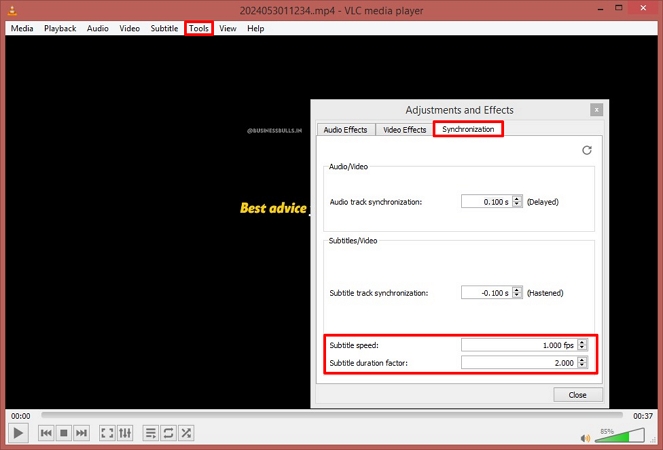 open tools and sync subtitles vlc