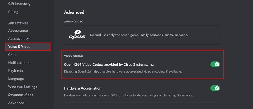 enable video codec option